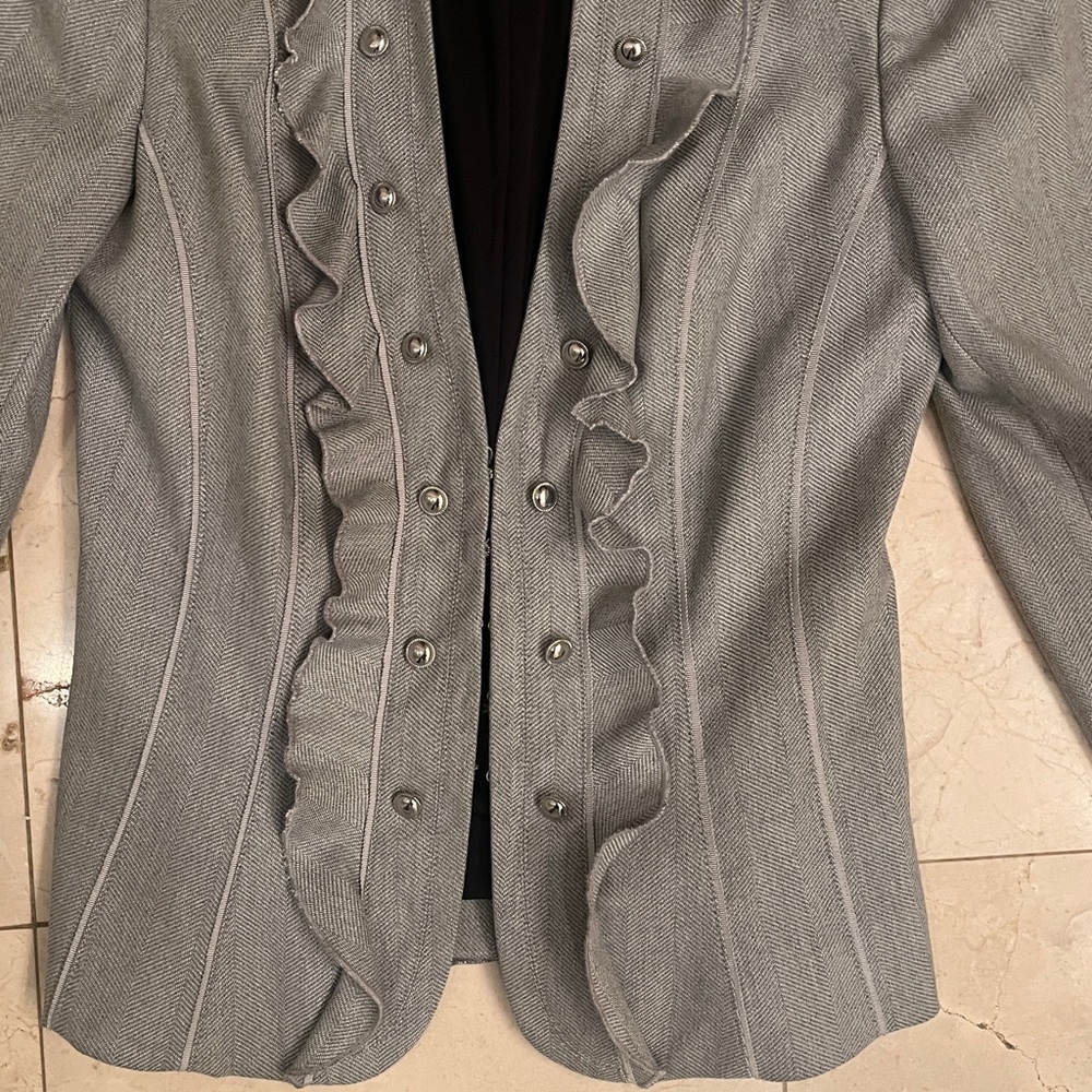 White House Black Market Gray Ruffled Blazer - Picture 2 of 8